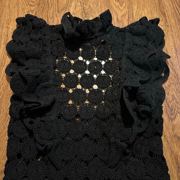 H&M black crochet mock neck floral open back sheer top XS short sleeve - Picture 3 of 12